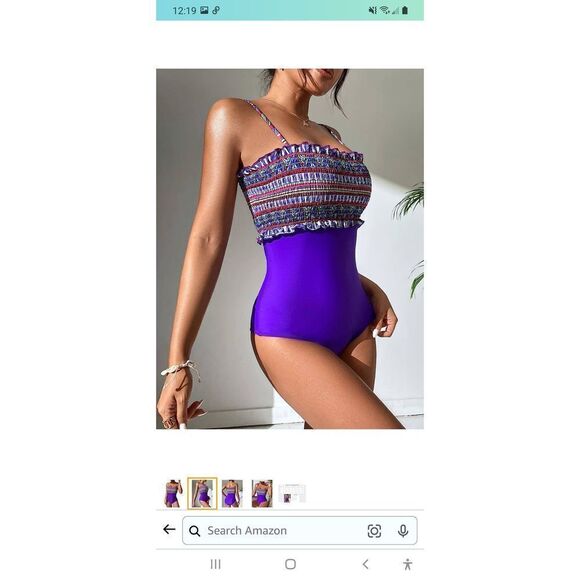 New Medium Modihito Purple Bandeau Ruffled Smocked 1pc Swimsuit Bathing Suit NWT - Picture 2 of 8